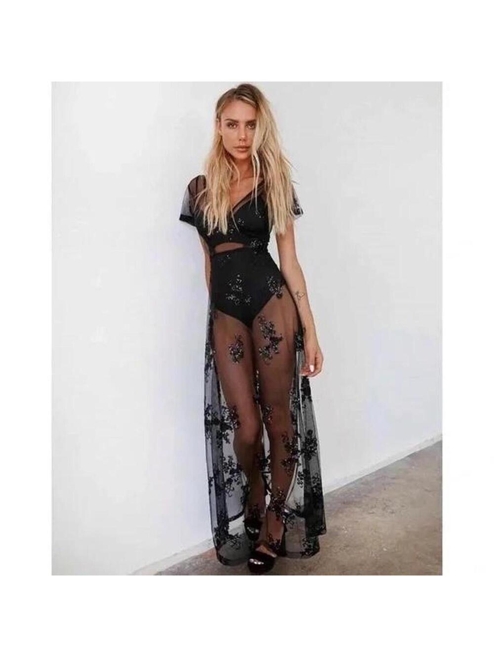 Tiger mist Heated dress - Black sheer mesh maxi dress with sequin embroidery